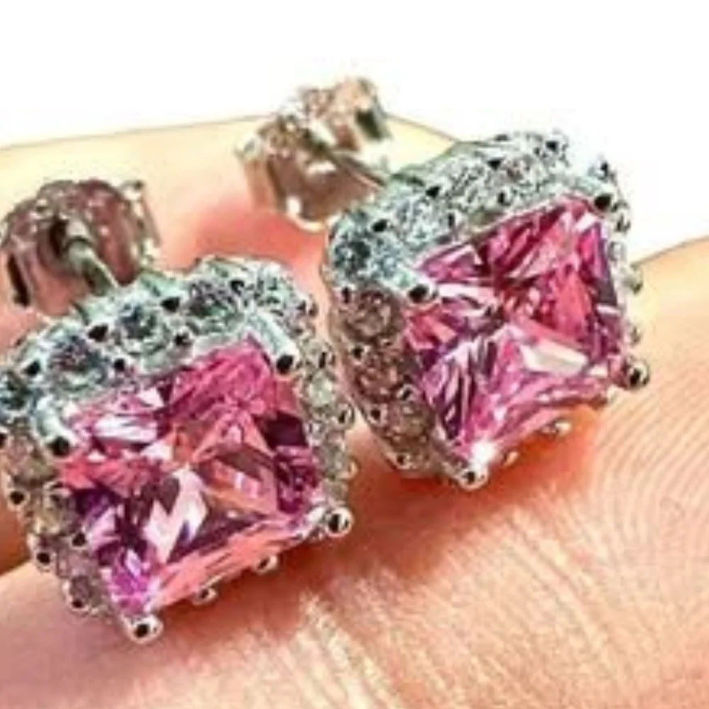 Pink Tourmaline Earrings Stud Sterling Silver 925, Cushion Cut Earrings, 9.9mm - Picture 1 of 10